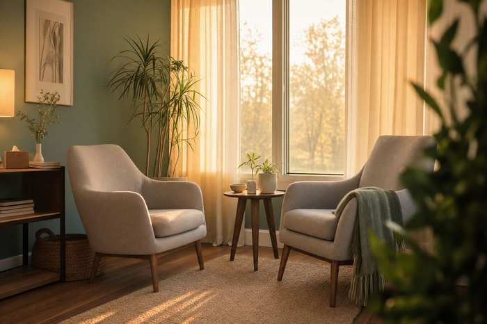 A quiet therapy office with two soft chairs, plants, and afternoon light through linen curtains